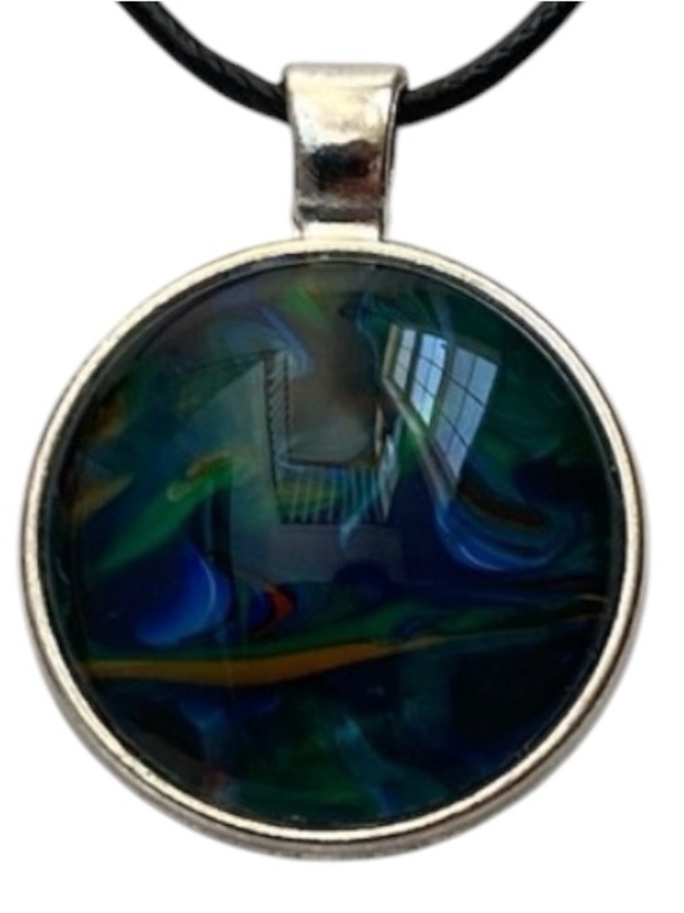 Hand Crafted Fluid Art Necklace Green and Blue Pendant by Svetlana Yeung